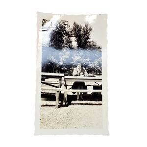 Vtg Lady Writing Thinking at Picnic Table Original Monochrome Photo Snapshot
